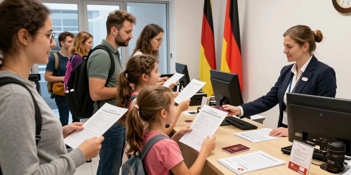 Der Prozess des Kaufs eines deutschen Reisepasses online, illustriert mit Familien und Beamten in einem Reisepassbüro.
