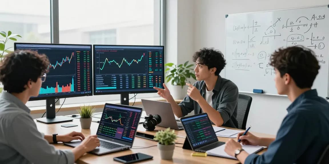 Aktuelle Krypto-Studien werden von Forschern in einem modernen Büro analysiert, Statistiken und Grafiken auf großen Bildschirmen dargestellt.