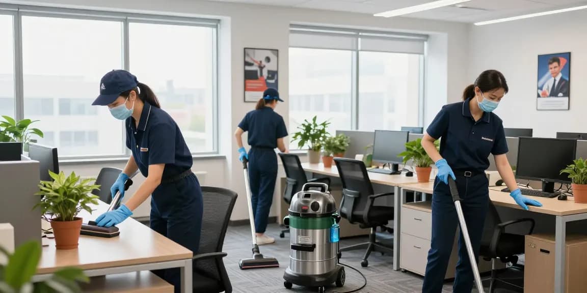 Professionelle Gebäudereinigung Düsseldorf mit einem Team in Aktion, das Büros gründlich reinigt.