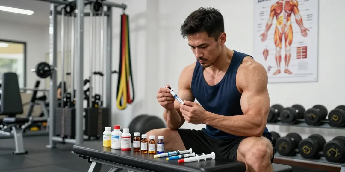 Anabolika Shop - Bodybuilder demonstrating safe steroid injection technique in a vibrant gym setting.