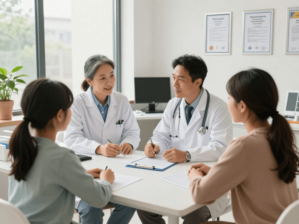 Gesundheitswesen Arzt consulting for patient care in a compliant medical office.