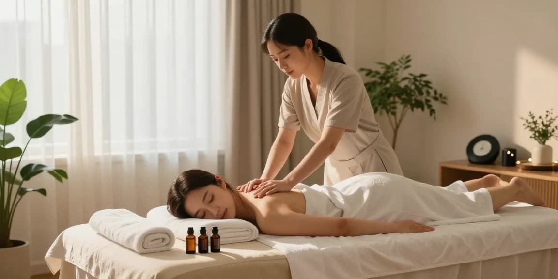 A young woman enjoying a 종로출장 massage in a cozy home spa setting with calming decor and natural light.