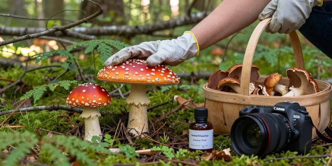 Fliegenpilz bestellen: Person, die Amanita muscaria Pilze in einer ruhigen Waldumgebung mit Korb und Tinktur sammelt.