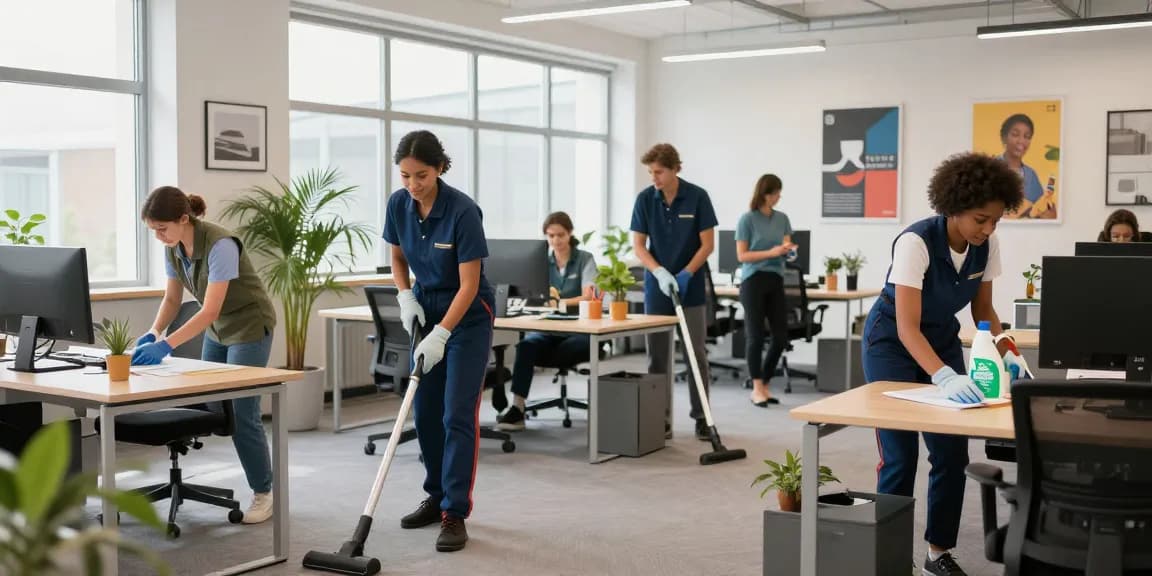 Büroreinigung Göttingen: Professionelles Reinigungsteam in einem modernen Büro während der Reinigung.