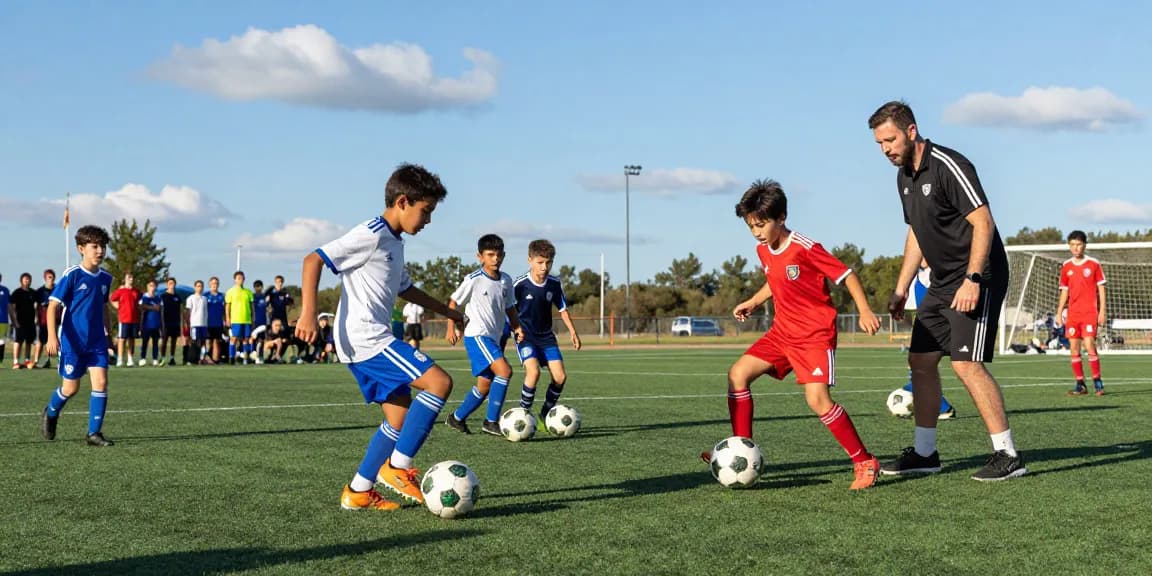 Junge Talente trainieren mit Mantom Bällen, um Fußball zu kaufen und ihre Technik zu verbessern.