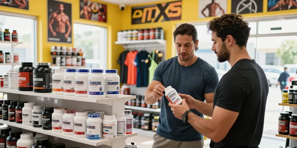 Anabolika Shop featuring a friendly sales representative assisting a customer in selecting anabolic steroids, with a bright welcoming atmosphere and well-stocked shelves showcasing fitness supplements