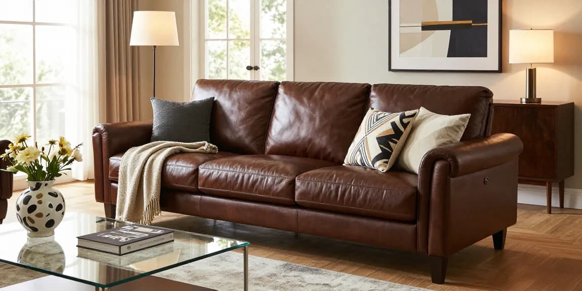 Baxter Ledersofa aus luxuriösem Leder mit gemütlichen Dekorelementen in einem eleganten Wohnraum.