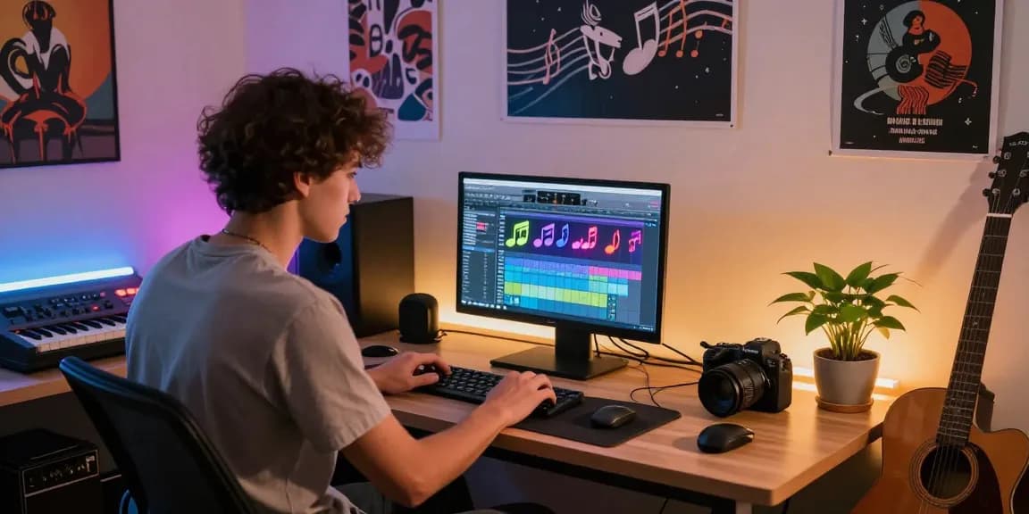 Ein junger Musiker nutzt KI-Musik Tools im kreativen Studio zur Musikproduktion.