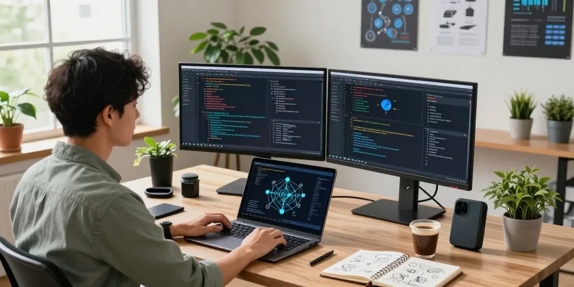 Workspace showcasing Web3 development with monitors displaying blockchain coding, vibrant office light, and tech gadgets.