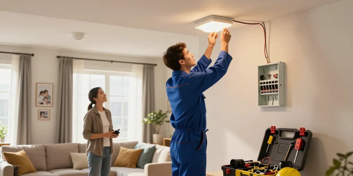 Elektriker in Dortmund und Umgebung installiert neue Lampen in einem Wohnraum.