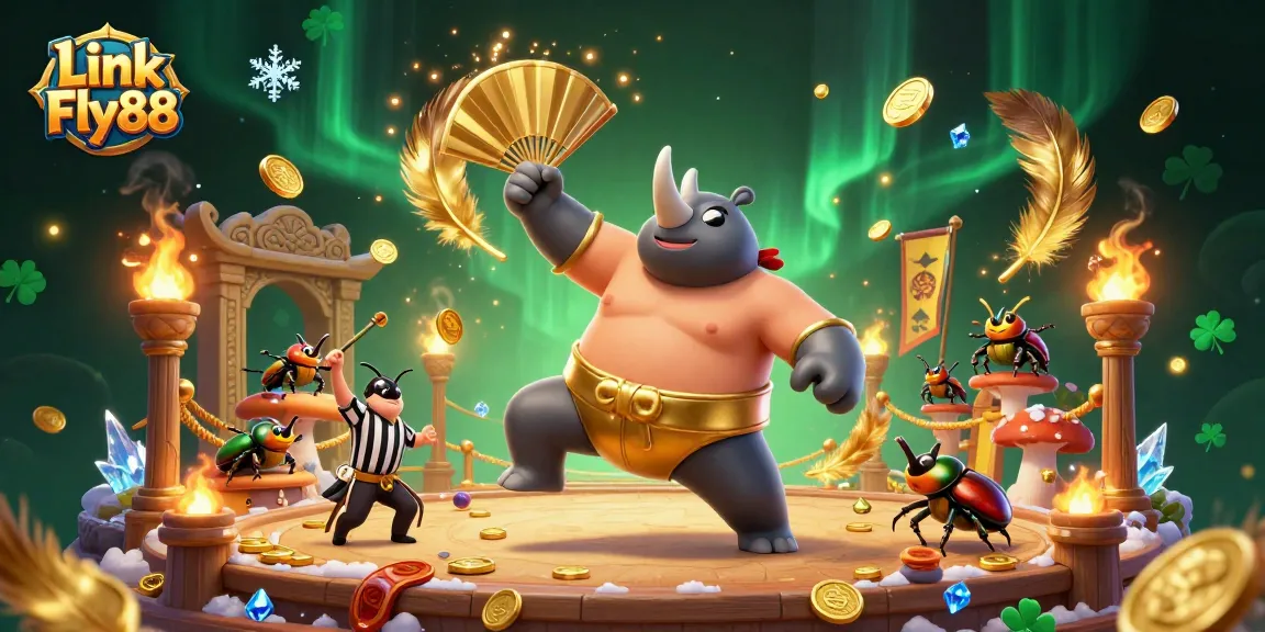 Experience the thrill of Link Fly88 with a dynamic illustration of gambling excitement featuring a beetle sumo champion.