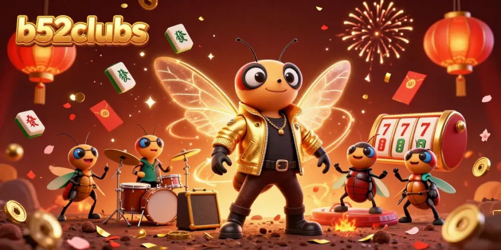 Engage in thrilling games at b52clubs casino featuring vibrant 3D characters with gold accents.