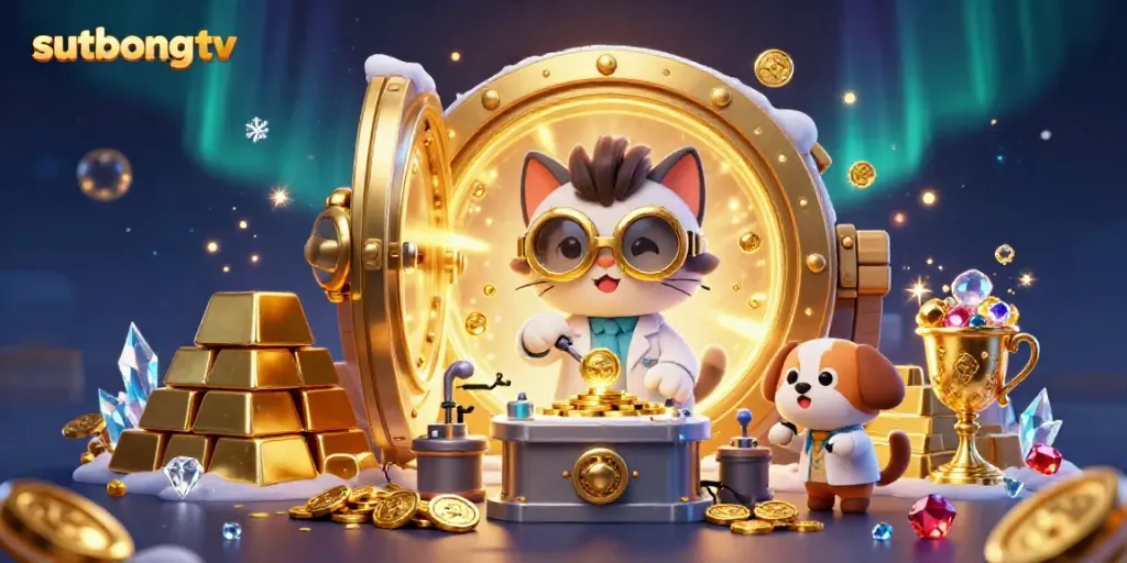 Witness the magic of sutbongtv with our mad scientist cat creating endless gold coins in a vibrant casino atmosphere.