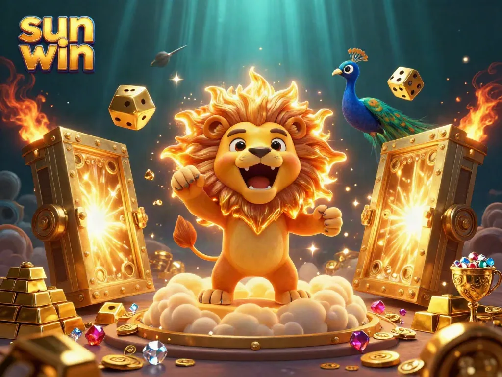 Experience thrilling wins at Sun Win with 3D illustrations featuring a majestic sun lion, golden treasures, and vibrant casino elements.