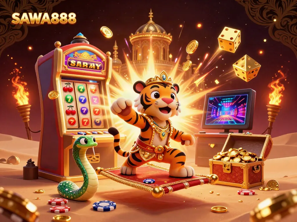 Experience SAWA888's vibrant slot action with a cartoon tiger sultan, jackpot bursts, and casino fun.