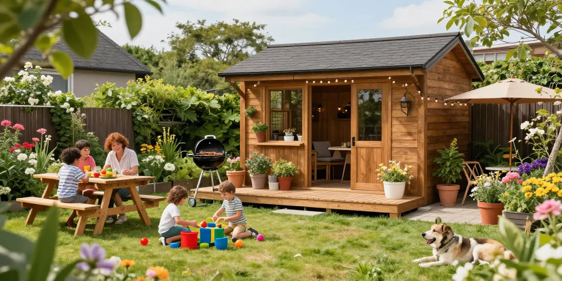 Gartenhaus Holz im sonnigen Garten mit Familie, Blumen und Spielzeugen