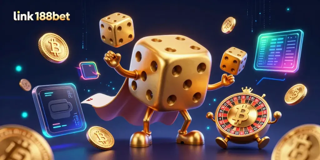 Experience thrilling gaming action with link 188bet featuring a playful golden dice golem and crypto elements.