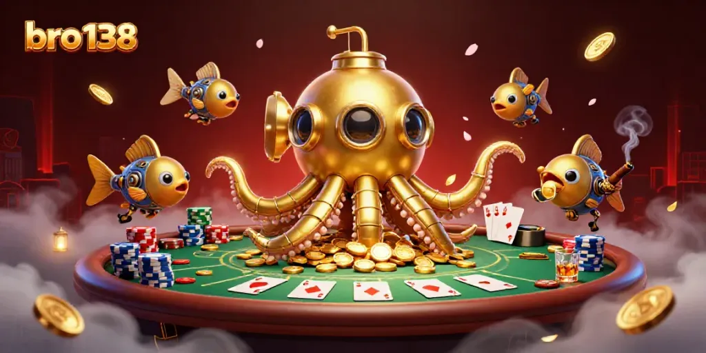 Engage with bro 138 in a vibrant casino scene filled with golden coins and poker elements.