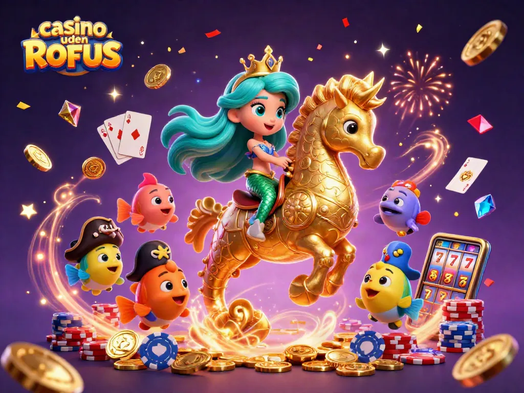 Engage in exciting plays at casino uden ROFUS with animated mermaid, seahorse, and festive elements.