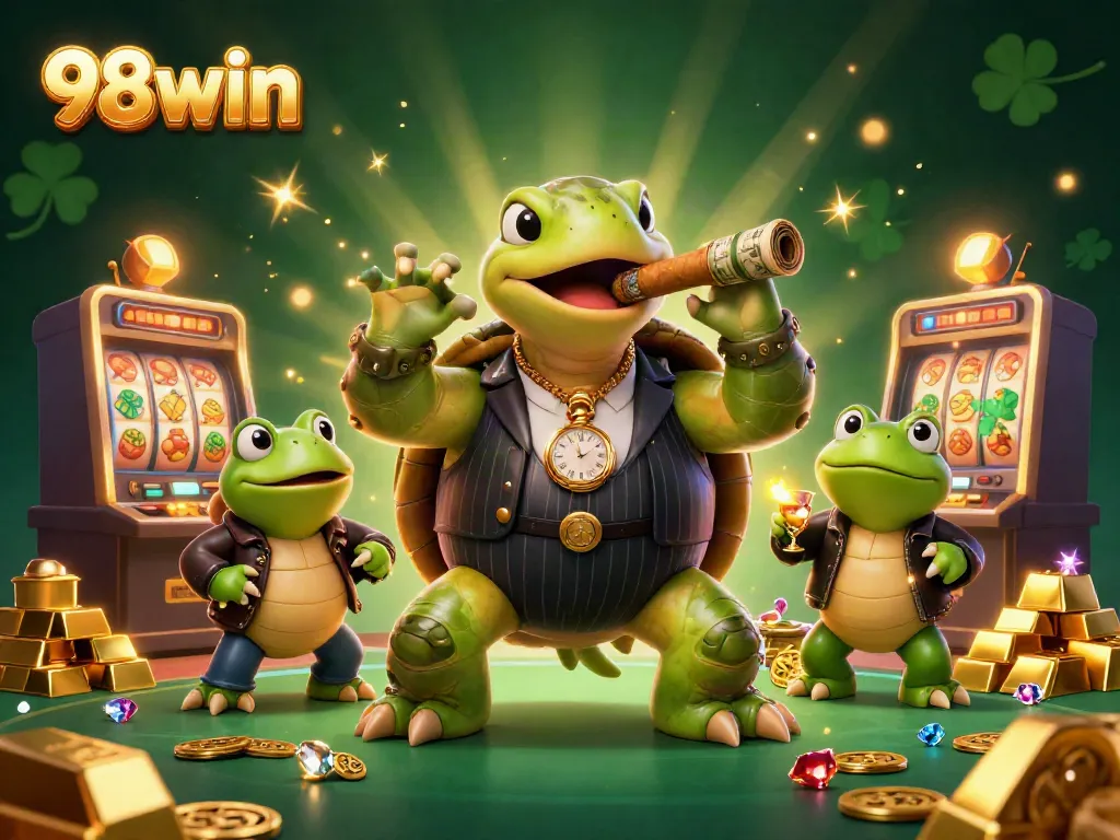 Experience thrilling gaming action at 98win with cartoon characters amid gold treasures and slot machines.