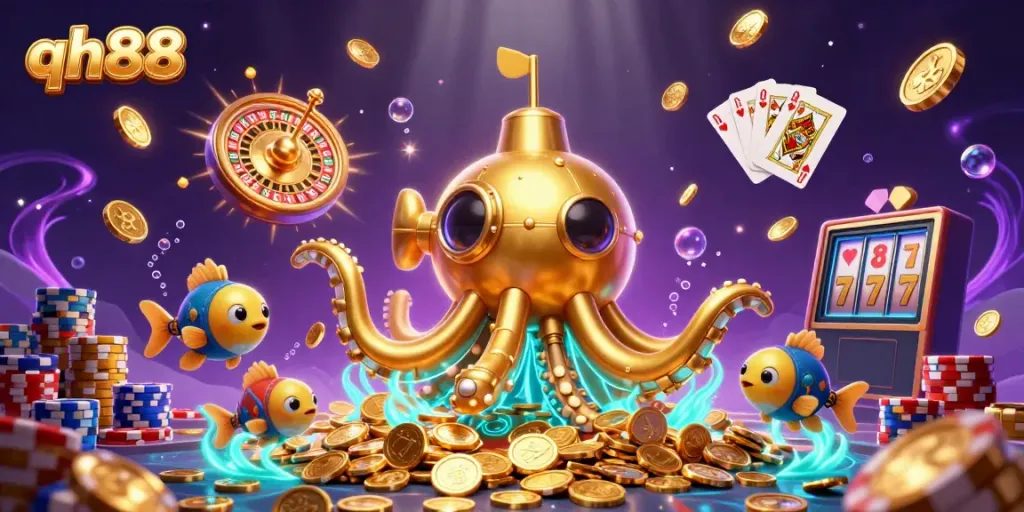 Engage with the enchanting world of qh88 as a golden kraken submarine emerges amidst shimmering coins and vibrant casino elements.
