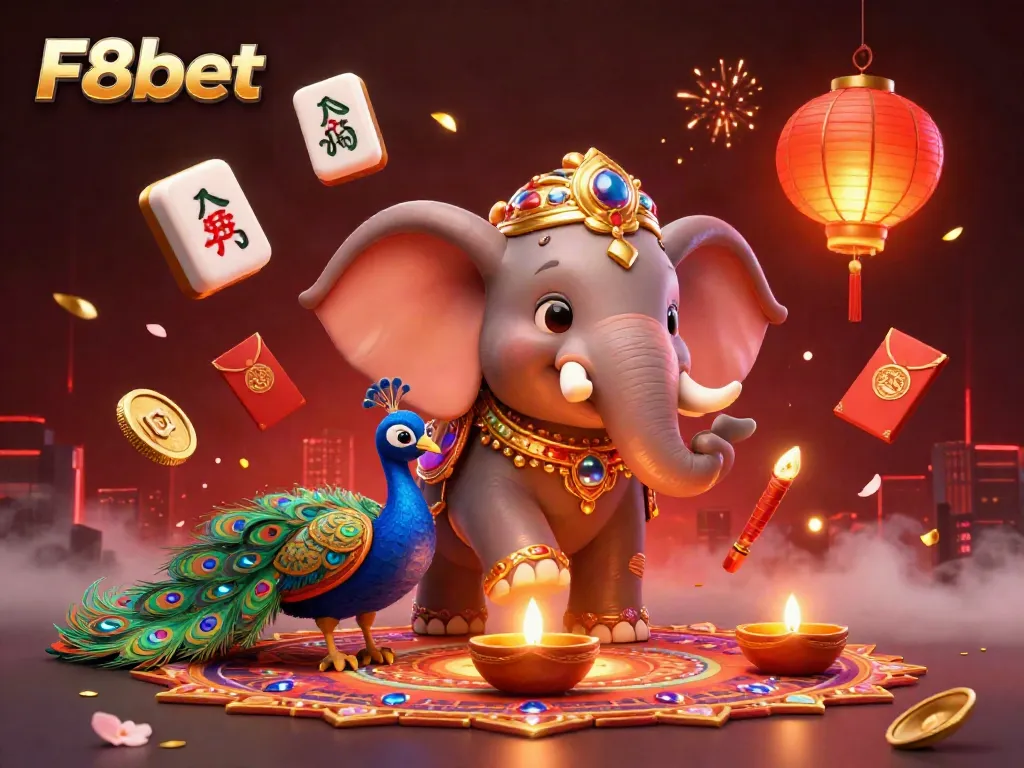 Experience the vibrant F8bet gaming scene with a detailed illustration showcasing an elephant, peacock, and festive elements.
