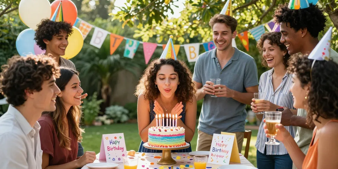 Freunde feiern mit Geburtstagssprüchen und einem bunten Kuchen im Freien.
