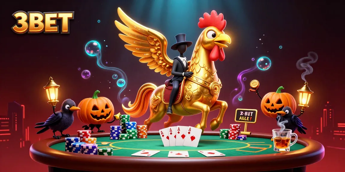 Experience the thrill of 3BET with a golden rooster and casino elements in this dynamic illustration.