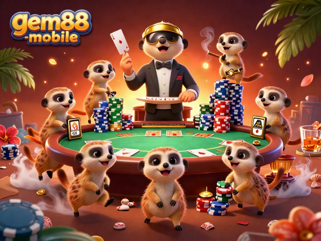 Experience the excitement of gem88-mobile with cartoon meerkats managing a vibrant casino scene full of chips and games.