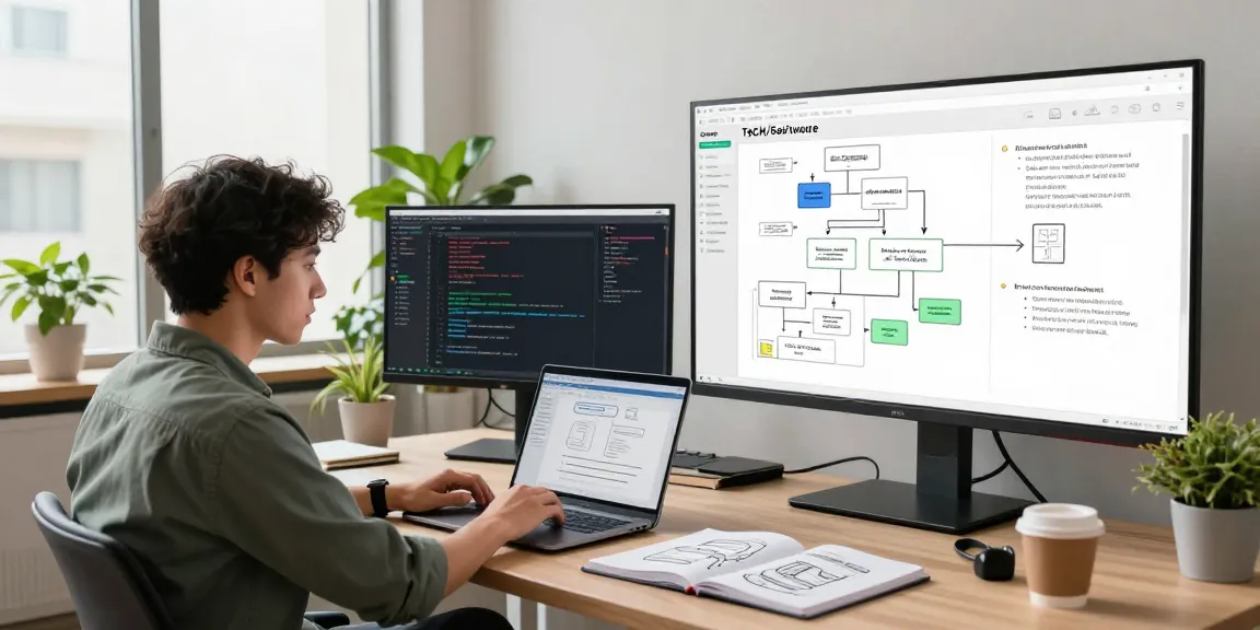 Building internal tools with AI in a modern office workspace with code and diagrams.