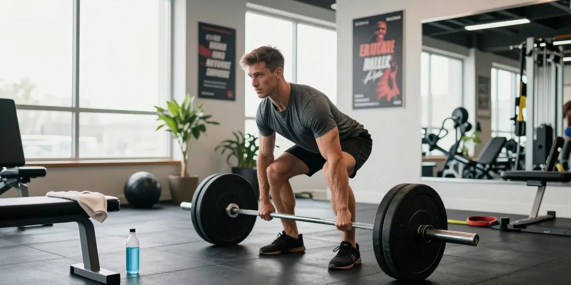 Muskulöser Mann trainiert im Anabolika Shop Deutschland Fitnessstudio, hebt Gewichte mit Entschlossenheit und Fokus.