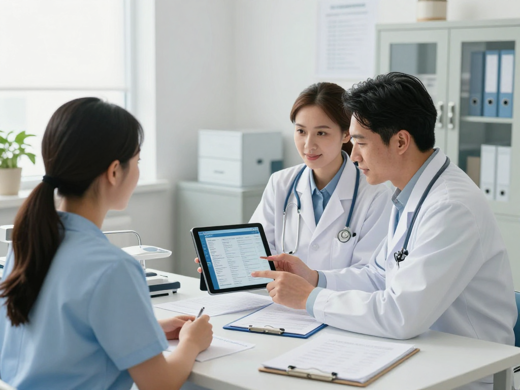 Datenschutz im Gesundheitswesen Arzt: Arzt und Zahnarzt analysieren sensible Patientendaten in einer modernen Praxis.