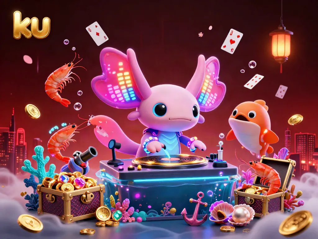 ku spinning vibrant fish-themed casino action with DJ axolotl, shrimp, and treasure elements