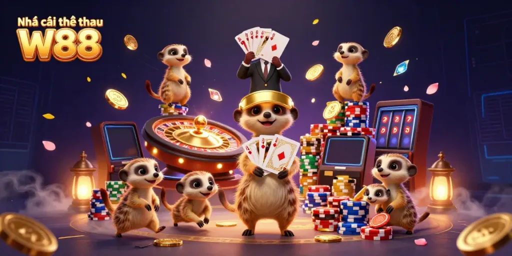 Experience the excitement at Nhà cái thể thao W88 with fun-loving meerkats in a lively casino setting.