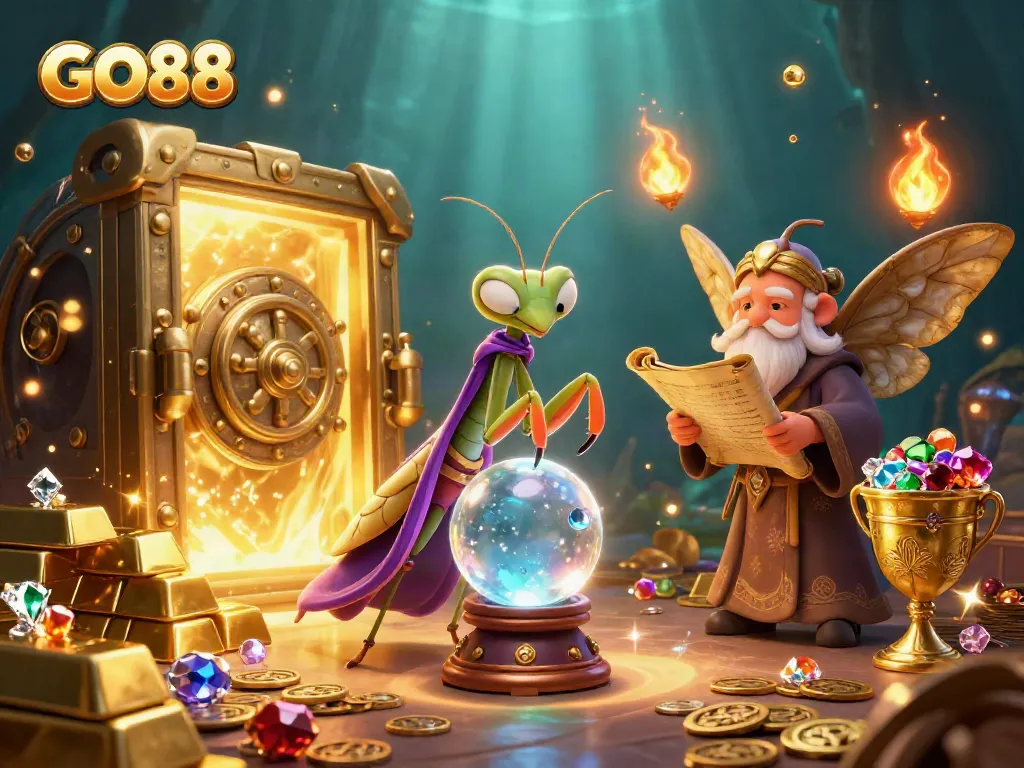 Experience thrilling gaming with GO88's fortune teller characters in a vibrant casino scene.