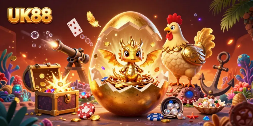 Join the adventure at UK88 with a golden dragon in a casino-themed fantasy scene full of treasures.