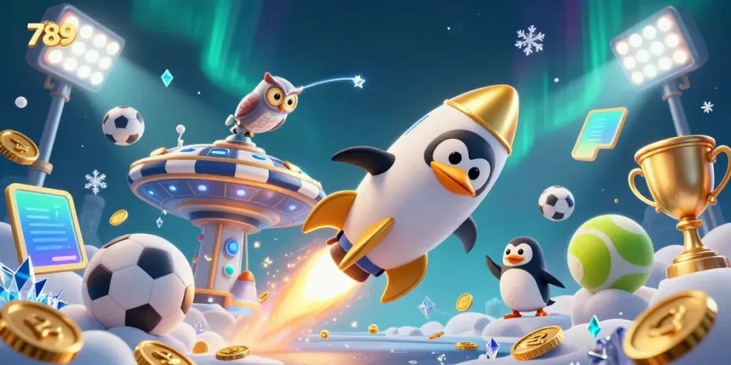 Engage in thrilling gameplay at 789Club with a vibrant 3D illustration showcasing a golden penguin and dynamic sports elements.