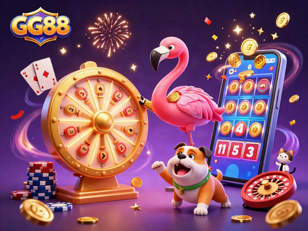 Join the excitement with GG88 as the flamingo host spins a golden prize wheel amidst vibrant casino elements.