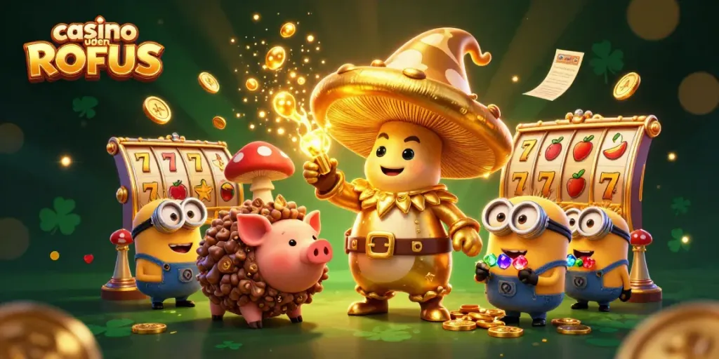 Play exciting games at casino uden ROFUS with a whimsical wizard and gold-glistening treasures.