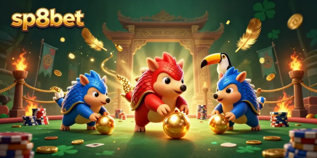 Experience the thrill of sp8bet with dynamic pangolins, golden poker chips, and festive casino elements.