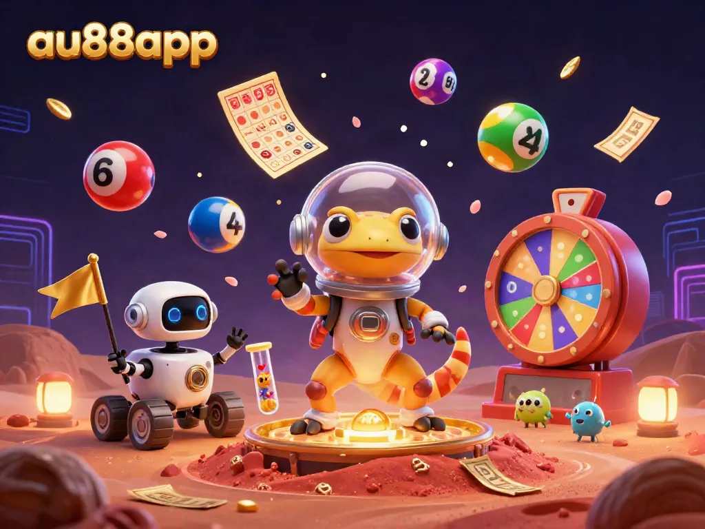 Experience the excitement of au88app with a Martian gecko discovering a golden casino amidst lottery games.