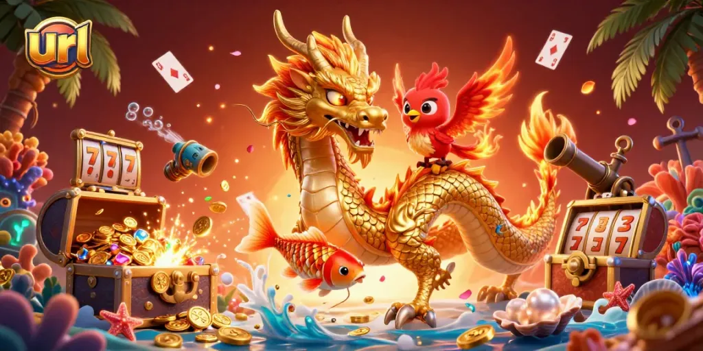 Engage with thrilling casino action featuring a golden dragon and phoenix, showcasing vibrant slot elements, url themed.