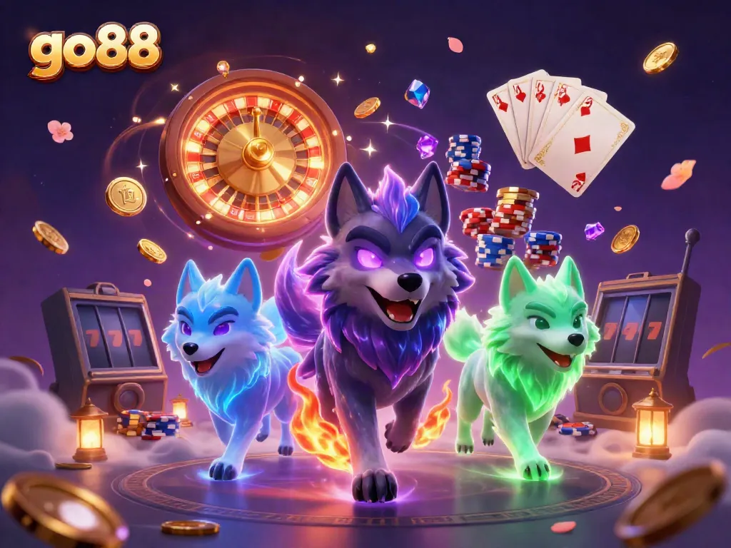 Experience the thrill at go88 with shadow wolves and vibrant casino elements in an exciting 3D scene.