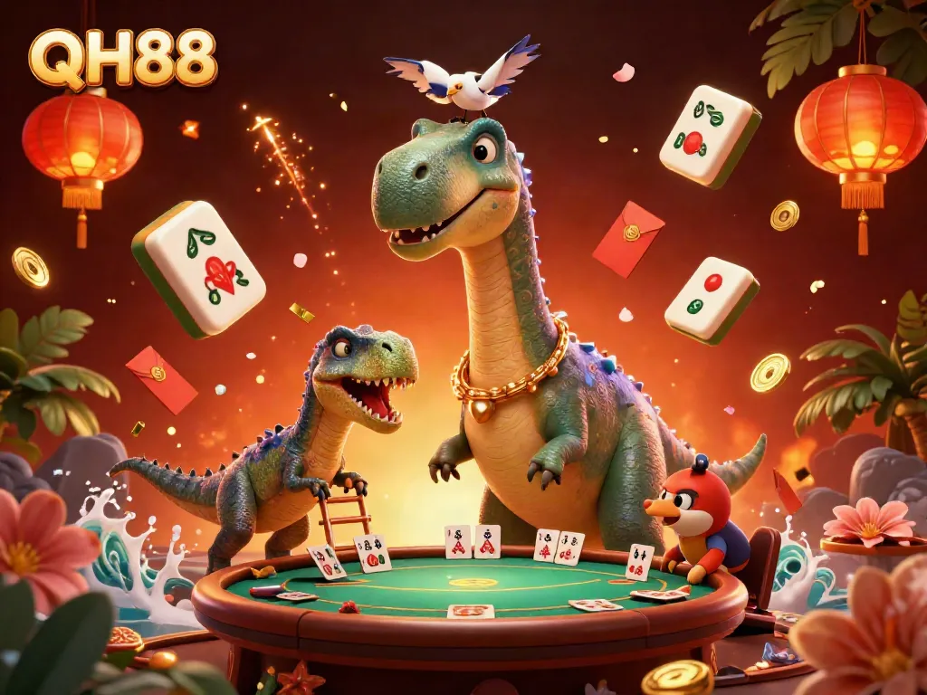 Engage with the vibrant world of QH88 in an imaginative 3D casino setting, highlighting unique characters and dynamic game elements.