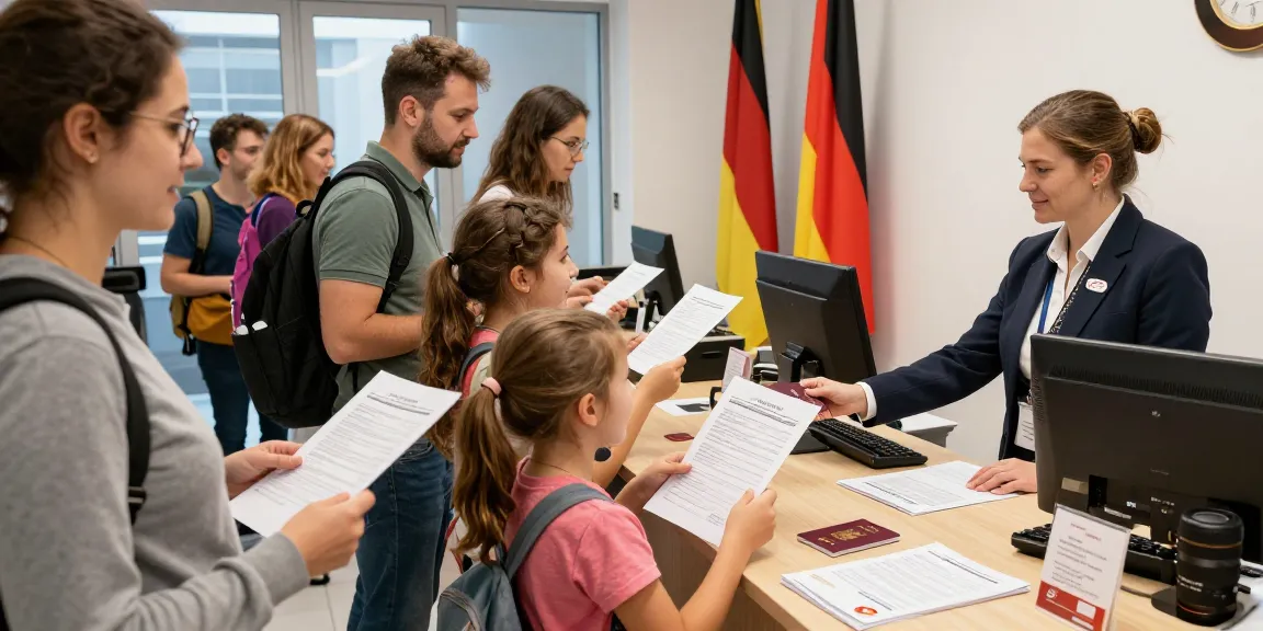 Der Prozess des Kaufs eines deutschen Reisepasses online, illustriert mit Familien und Beamten in einem Reisepassbüro.