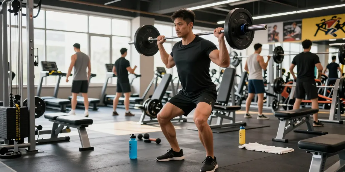 Anabolika Shop: Bodybuilder hebt Gewichte in einem modernen Fitnessstudio, umgeben von Trainingsgeräten und motivierenden Postern.
