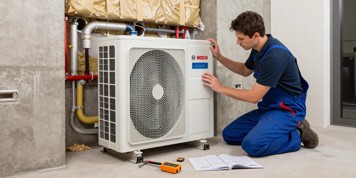A technician installing a wärmepumpe bosch in a residential setting, emphasizing energy efficiency and home heating solutions.