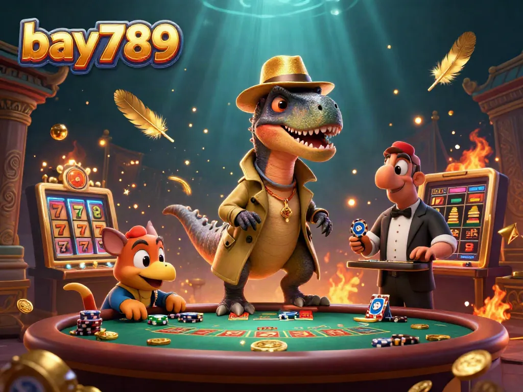 Exciting bay789 casino scene with cartoon dinosaurs playing blackjack and chips being stolen.