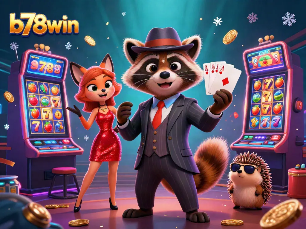 b78win players winning big on a vibrant casino scene with 3D cartoon characters, slot machines, and jackpot symbols