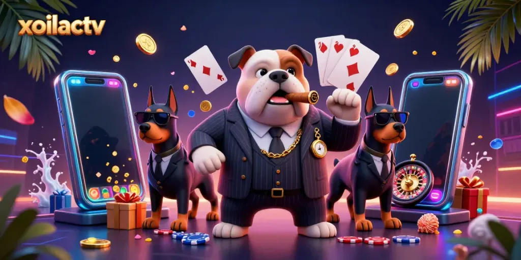 Experience the thrill of xoilactv as the cartoon mafia boss bulldog leads a dynamic casino scene.